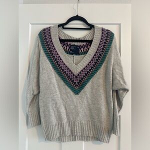 American Eagle Outfitters Gray V-Neck Sweater with Colorful Trim